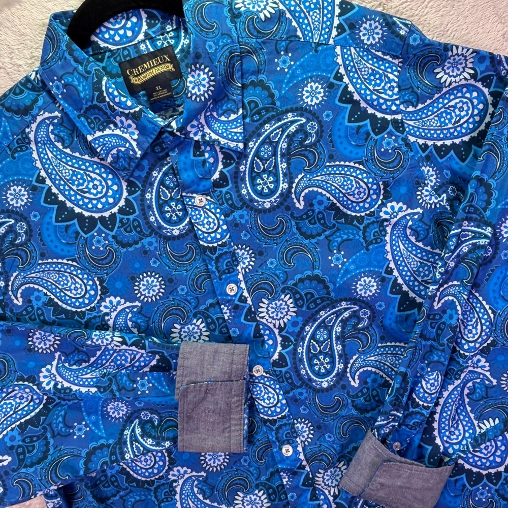 Cremieux Mens Button Down Shirt Sz XL Blue Paisley Stretch Premium Denim Rodeo